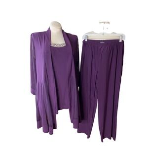 R&M Richards Womens 3 Piece Pant Suit Beaded Neck Mesh Cardigan Plum Purple 20w